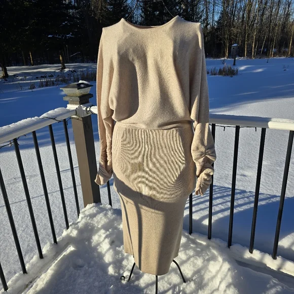 REISS Leila Ruched Sleeve Midi Dress in neutral, size L EUC, worn twice! - Picture 4 of 5